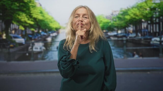 Senior blonde woman shushes with finger to lips on a canal street with boats and trees visible; secrecy.