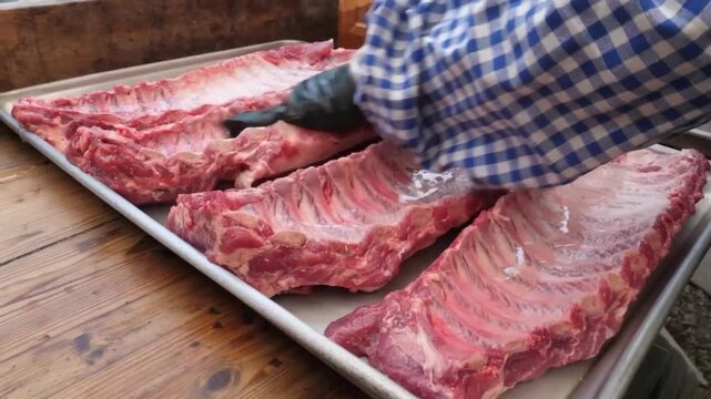 Close-up footage of a hand pouring clear liquid binder (vinegar or apple juice) onto multiple racks of fresh, raw pork spare ribs arranged on a commercial stainless steel baking sheet. Ideal for cooki
