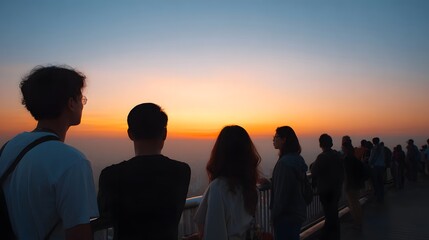 Fototapeta premium A group of people stand together on an elevated platform to observe a brilliant sunrise painting the vast sky with warm dramatic colors
