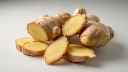 Fresh ginger root slices on white background showcasing its natural texture and vibrant yellow interior perfect for culinary and health related uses © Nosheen