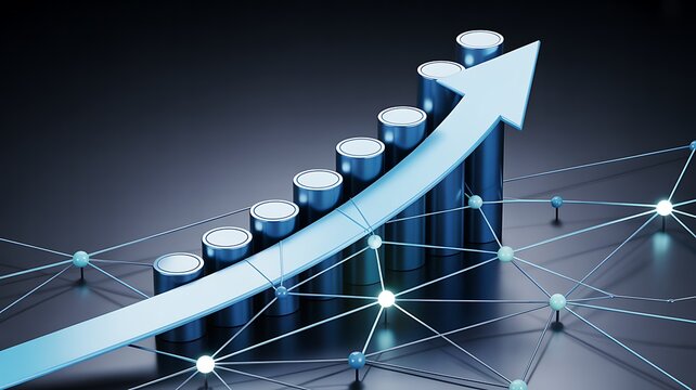 3d graph with rising arrow and connected nodes on dark background symbolizing growth and network