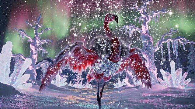 A surreal flamingo with crystalline feathers walking across a frozen snowfield of glowing crystal formations and icicle-laden trees under vibrant green and pink aurora skies.