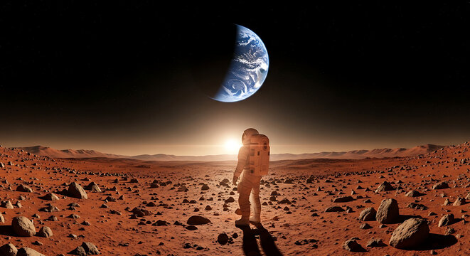 Astronaut standing on mars surface looking at earth in the sky