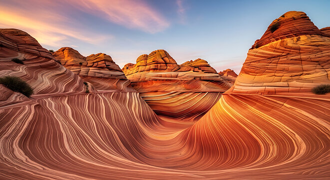 Vermilion sandstone rock formation with swirling patterns at sunset