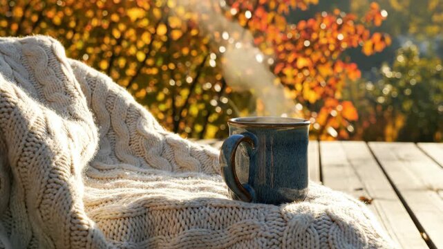 steaming blue mug of hot coffee on wooden deck next to white knitted blanket. autumn background with golden leaves and sunlight. cozy fall morning. relaxation, warm beverage, comfort.