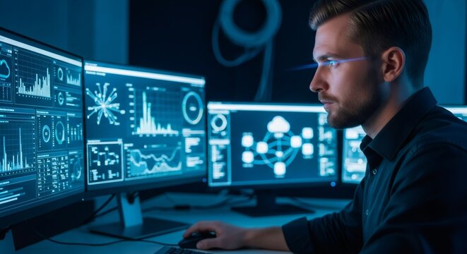 Man monitoring digital data network. IT specialist working with advanced internet technology and cloud computing. Software developer managing server system.