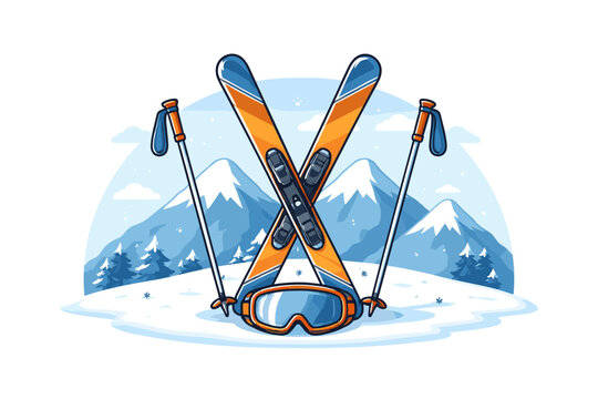 Flat vector illustration featuring crossed orange and blue skis, ski poles, and goggles on a snowy hill. Winter sports equipment with a scenic background of snowy mountains and pine trees.
