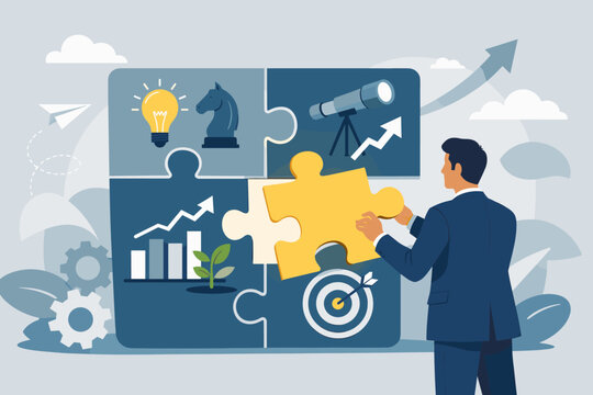 Businessman in Suit Completing Strategic Jigsaw Puzzle with Icons for Vision, Growth, Ideas, and Goals. Concept of Finding the Missing Piece for Business Success, Problem Solving, and Planning
