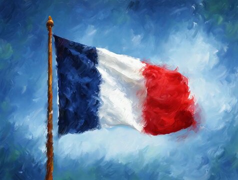 French national flag waving on a flagpole against blue sky