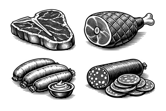 Vintage Woodcut Style Collection of Assorted Meat Products Featuring T-Bone Steak, Smoked Ham Leg, Grilled Sausages with Sauce, and Sliced Salami, Hand-Drawn Engraving Vector Illustration Set