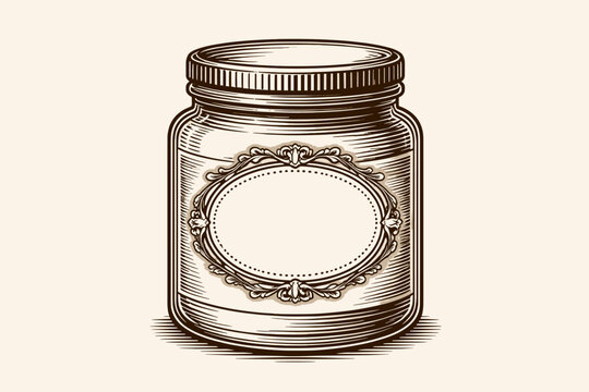 Vintage engraved illustration of a cosmetic cream jar with a screw cap and an ornate decorative label. Retro woodcut style glass bottle for skin care, ointment, or jam. Blank label for custom text.