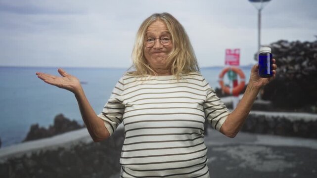 Woman senior blonde in striped shirt holding blue pill bottle in right hand and shrugging with open left palm in studio seascape backdrop; uncertainty.