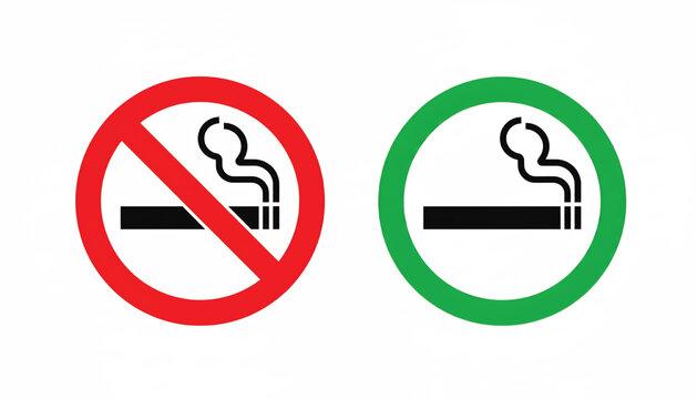 Cigarette smoking no sign icon with red prohibition circle and green allowed smoking circle for public health