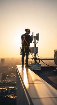 Technician maintaining a network antenna on a rooftop installation with cityscape in background at sunset. Wireless communication and 5G network concept.