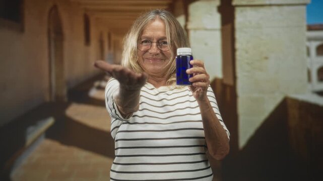 Senior woman smiles and extends open hand while holding blue medicine bottle and wearing glasses and striped shirt in a building; reassurance.