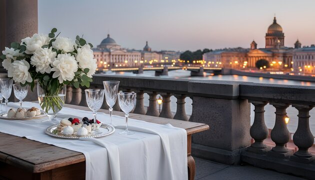 Table with peonies and sweets set for a festival in white nights at Saint Petersburg terrace overlooking the Neva river and St Isaacs Cathedral for a luxury travel concept