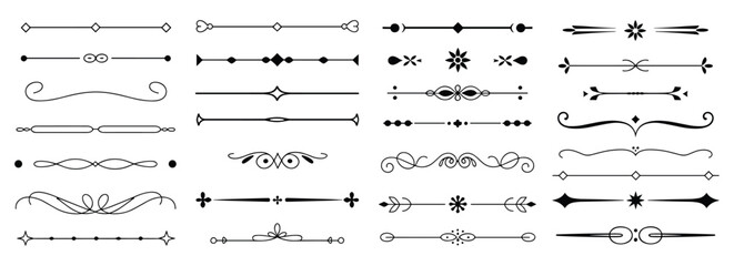 Collection of black ink line separators and decorative text dividers featuring geometric shapes floral motifs swirls and scroll patterns isolated on a white background © SHUVO