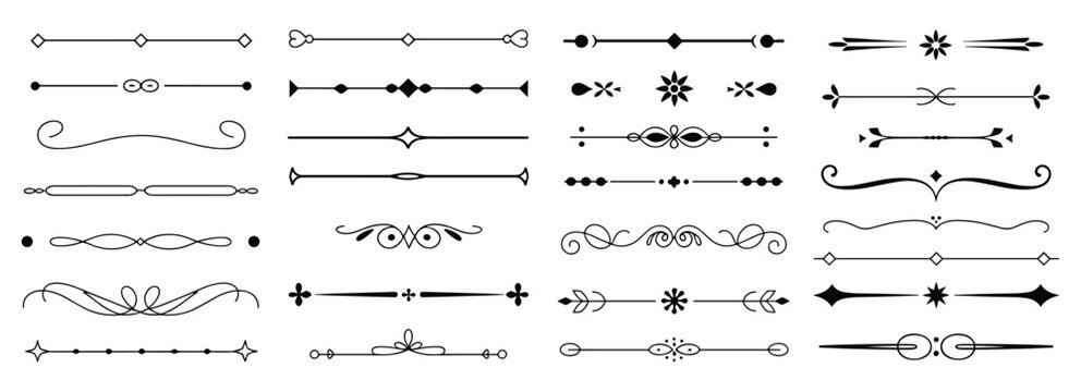 Collection of black ink line separators and decorative text dividers featuring geometric shapes floral motifs swirls and scroll patterns isolated on a white background