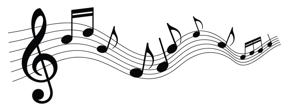 Black treble clef and various musical notes on a flowing five line musical staff isolated on a white background