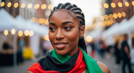 Naklejka premium Young African American woman with braided hair wearing red black and green scarf at street festival. Celebrating Juneteenth and Black history culture. Cinematic outdoor portrait.