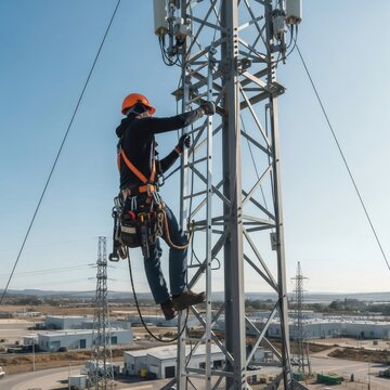 Man technician climbing telecommunication tower to perform maintenance. Wireless network infrastructure for mobile connection and communication.