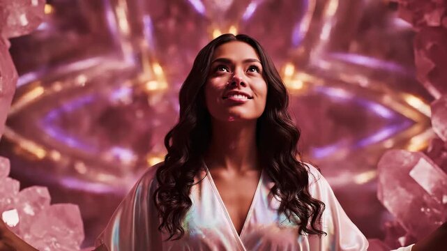 Ethereal portrait of a woman in a white robe standing inside a luminous rose quartz cave, gazing upward toward a kaleidoscopic halo of light suggesting spiritual transcendence.