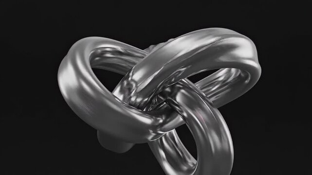 Glossy chrome torus knot sculpture with intertwined metallic loops and magenta inner glow floating on a black background, high-detail 3D abstract render with reflective surfaces