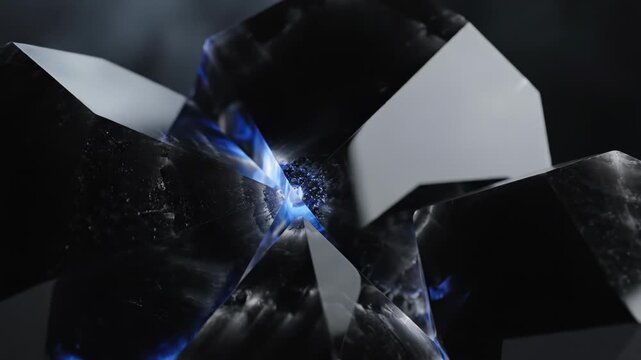Macro close-up of fractured dark crystalline structures with reflective facets and an electric blue glowing core, dramatic low-light abstract composition in smoky atmosphere