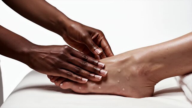 Close-Up Of Hands Massaging A Foot With Oil On A White Background Showing Relaxation And Self Care