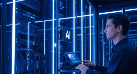 Fototapeta premium Intelligent engineer working on artificial intelligence server in data center. AI concept for future innovative technology of computing and cybersecurity.