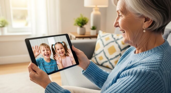 Senior woman having video call on tablet with happy grandchildren. Modern technology for family connection, distance communication and social interaction.