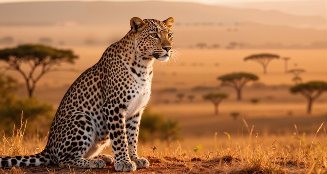 Portrait of leopard sitting on landscape in Sabi Sands Game Reserve
