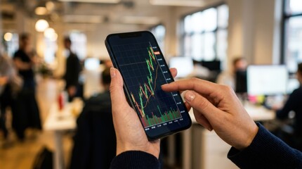 Obraz na płótnie Canvas Medium shot of a hand using a mobile app displaying intraday price charts of an exchangetraded fund with blurred background emphasizing focused screen details.