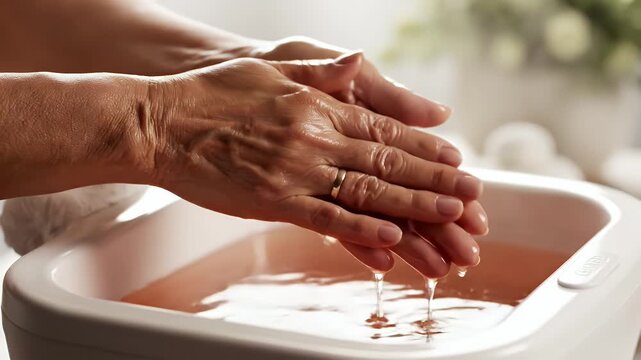 Close Up Of Mature Woman's Hands Receiving Warm Paraffin Wax Treatment In Spa Setting With Soft Natural Light And Blurred Greenery Background