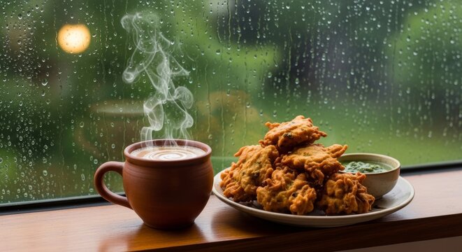 Hot cup of tea with pakora and green chutney on a windowsill during a rainy day. Traditional indian snack with steamed warm beverage. Cozy home atmosphere during monsoon weather.