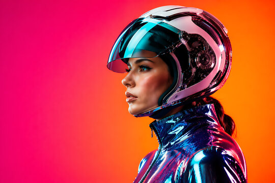 Femme futuriste avec casque high-tech et reflets n&eacute;on, portrait cyberpunk aux couleurs vibrantes, concept intelligence artificielle, dopamine design