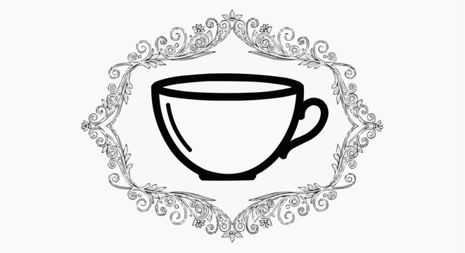 A minimalist vector graphic of a teacup surrounded by an ornate floral design