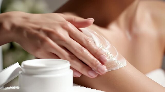 Close Up Of Woman Applying White Cream To Arm With Clean Nails In Soft Lighting Promoting Organic Skincare And Self Care Rituals