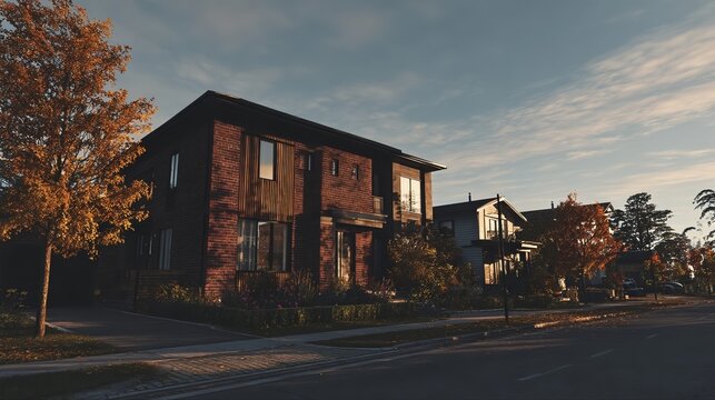 Modern red brick house with contemporary suburban architecture, wood paneling details, large glass windows, golden hour sunset lighting, autumn trees with orange leaves, quiet residential street