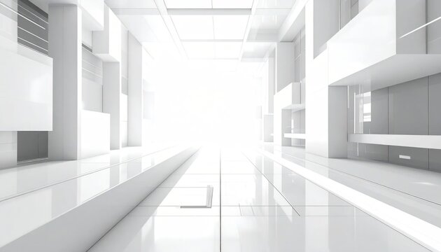 Bright Futuristic White Corridor with Minimalist Architecture and Natural Light.