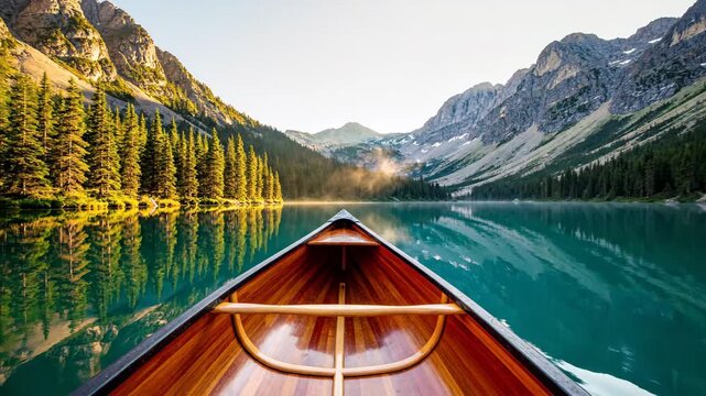 wooden canoe bow floating on turquoise lake water with mountain reflection. pine forest on slopes. nature landscape, travel adventure, summer vacation. outdoor recreation, tourism journey.