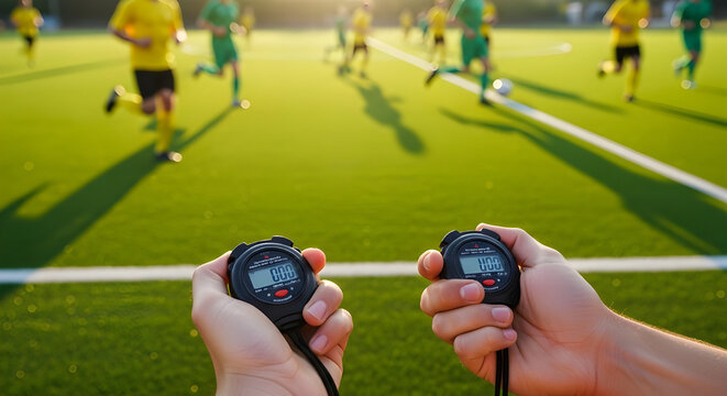 Hands holding stopwatches on soccer field with players running training scene .timing performance measurement speed drills and athletic practice.