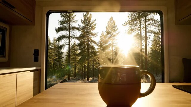 steaming coffee cup on table inside camper van looking at forest sunrise. cozy morning atmosphere in nature. travel, camping, adventure. motorhome interior view.