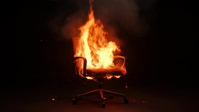 Modern office chair engulfed in flames inside a dark room. Concept of professional burnout, business crisis, and workplace fire hazard.