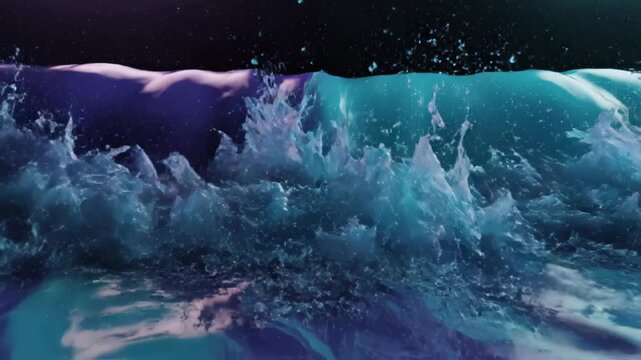 Iridescent teal and purple liquid surface with glossy waveforms and reflective ripples stretching toward a dark horizon, an abstract neon ocean landscape in cinematic lighting