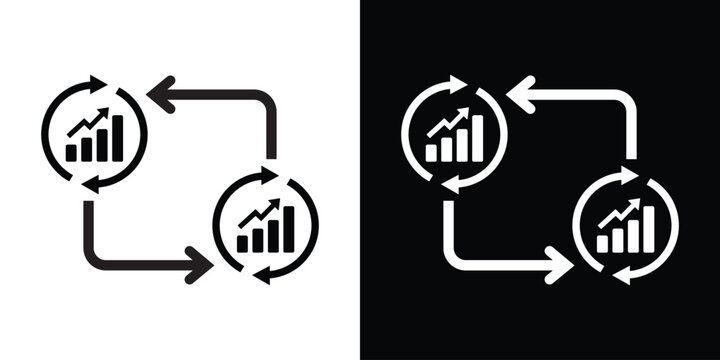 Vector icon of bar charts inside circular arrows, representing continuous data analysis, business performance monitoring, and recursive statistical reporting in a flat design style.