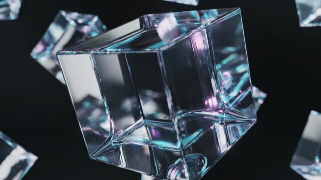 Close-up of floating transparent glass cubes in a dark studio scene with neon cyan and magenta reflections, glossy faceted surfaces, refraction and abstract futuristic composition