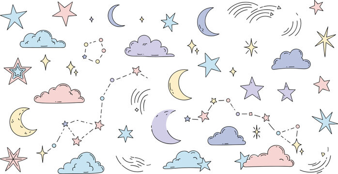 Cute Pastel Moon Stars Clouds And Rainbow Seamless Pattern Nursery Baby Sky Background Vector Illustration For Kids Design