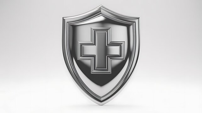 Medical shield emblem with cross symbol on gray background representing healthcare protection and safety