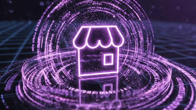 Purple holographic storefront icon within concentric digital rings and binary streams hovering over a neon grid platform, representing a futuristic virtual marketplace and commerce